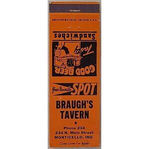Vintage Matchbook Cover Braugh’s Tavern Monticello IN Indiana Orange